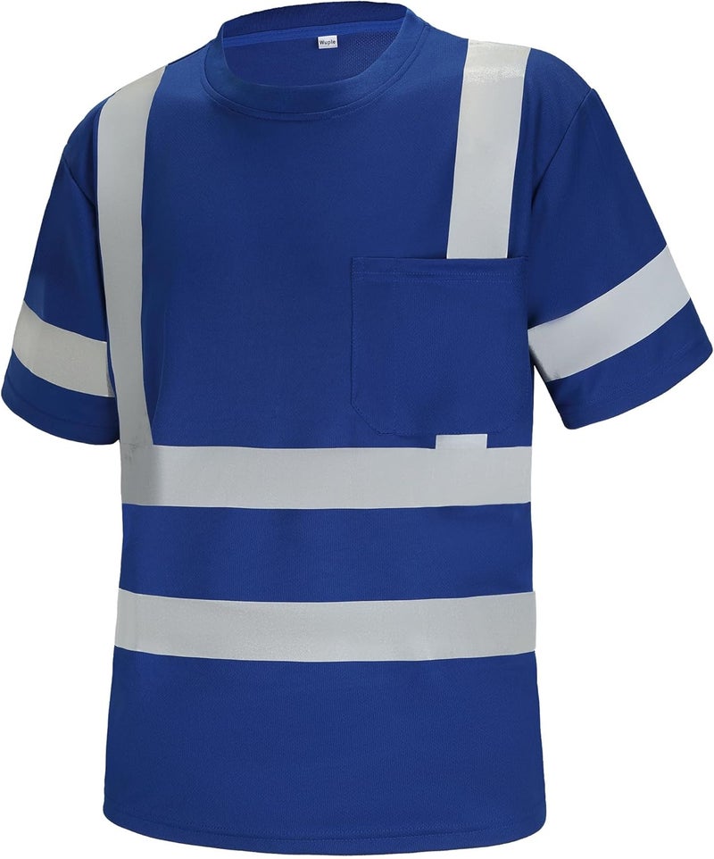 Wuple Store Safety Shirts for Men Construction Short Sleeve Quick Dry with Pocket Workwear, Class 3 High Visibility Shirts with Reflective Strips Blue S - Image 1